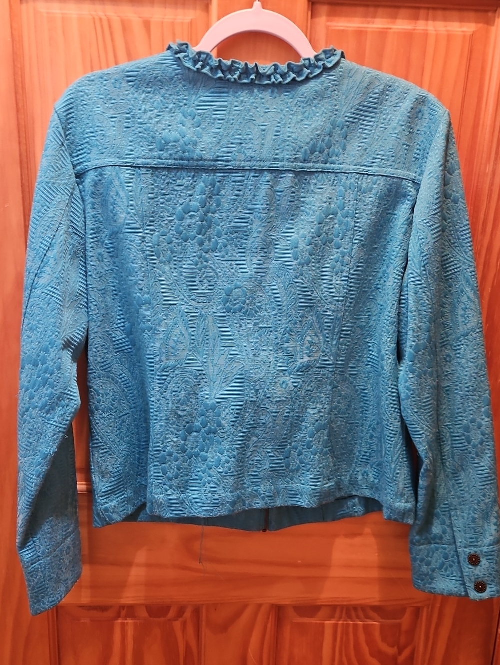 Ruby Rd. Teal Ruffle-Trim Jacquard Jacket - Picture 4 of 5